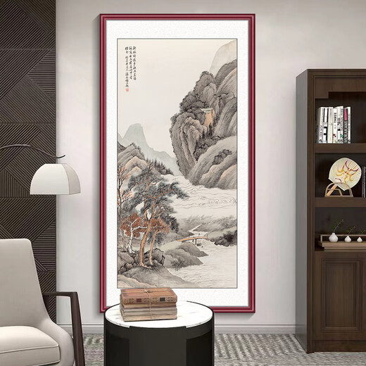 Manyu green silk ink painting landscape painting entrance door facing the entrance hall decorative painting corridor aisle wall mural vertical hanging painting without punching GB109 Huang Junbi-Smoke Valley Cloud Mountain Picture 53*103cm red walnut wood grain aluminum frame + flash silver cloth