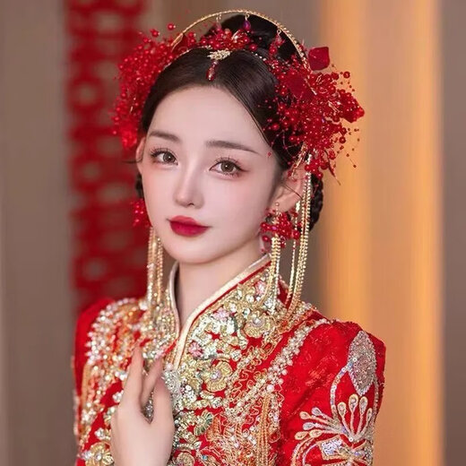 Beibeiyu Bridal Xiuhe Clothing Headwear 2024 New Chinese Style Wedding Atmosphere Xiuhe Hairpin Red Three Styles Xiuhe Hairdress + Ear Clip No Ear Hole Shooting