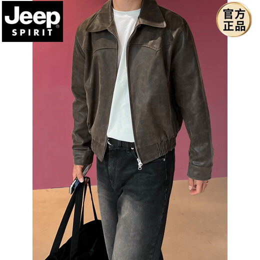 JEEP SPIRIT American retro short leather jacket for men in spring and autumn loose lapel jacket Korean style trendy high-end jacket for men old brown M