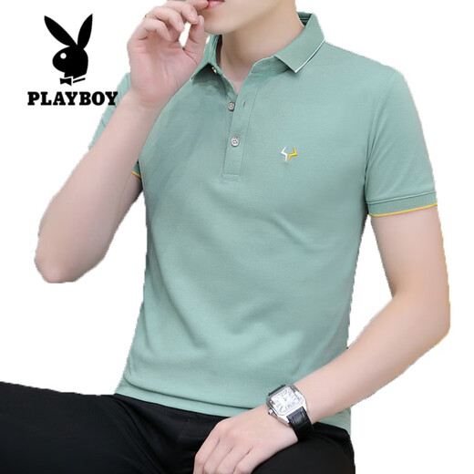 花花公子（PLAYBOY）短袖t恤男夏季清凉冰丝高端简约休闲薄款翻领商务纯棉刺绣polo衫 纯浅蓝 686款 L 100-125斤