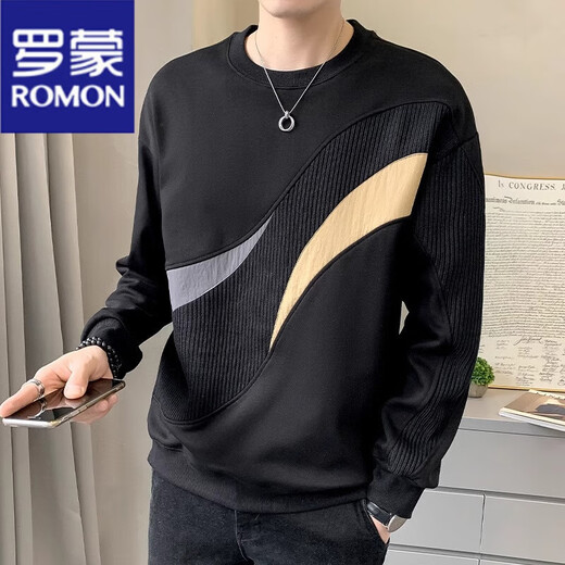 ROMON long-sleeved T-shirt men's 2025 spring and autumn new style youth men's base shirt casual simple color-blocking round neck sweatshirt 7371 white M [90-110Jin [Jin equals 0.5 kg]]