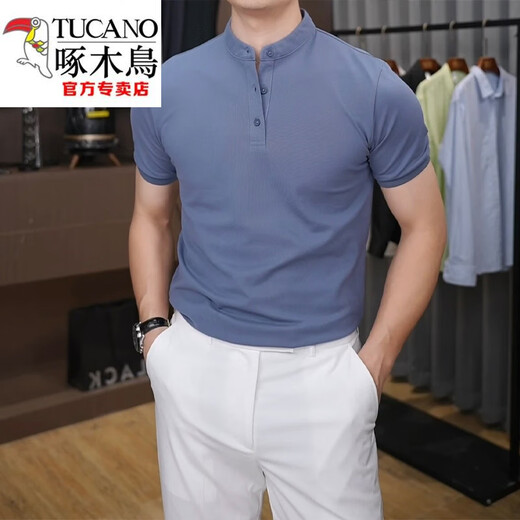 Woodpecker (TUCANO) British style men's high-quality Polo shirt summer new front shoulder short-sleeved Henry neck half-sleeved T-shirt top Black 3XL [weight 165-180Jin [Jin equals 0.5 kg]]