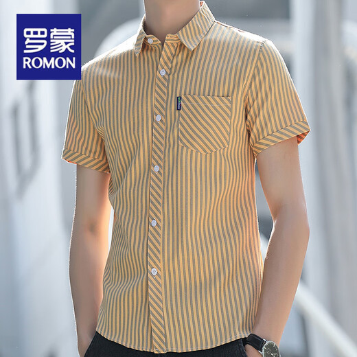 ROMON striped shirt men's short-sleeved trendy casual shirt summer men's half-sleeved slim pocket breathable formal wear 838 yellow M weight 105 Jin [Jin equals 0.5 kg]