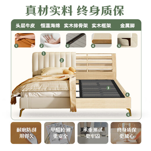 Fermax italienisches Lederbett modernes einfaches festes Holzbett 1,5 Meter leichte Luxus weiche Vorhautbett Hauptschlafzimmer Doppel Bed-A831 [Top-Layer-Kalbskalfkin + 9D Voller Stummrippenskelett] Einzelbett 1800 mm*2000mm Rahmenstruktur