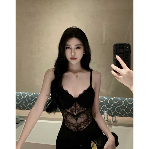 
Die Nisi nightclub French sexy black lace suspender dress with female temperament, masculine evening dress with slit hips, black, good quality M Recommended 95-105Jin[Jin equals 0.5 kg]