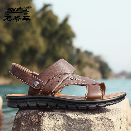 Marca clásica de automóvil (Wecker) 2025 nuevas sandalias para hombres zapatos de playa de cuero genuino para hombres zapatillas para hombres casuales zapatillas de moda 12129 marrón 37