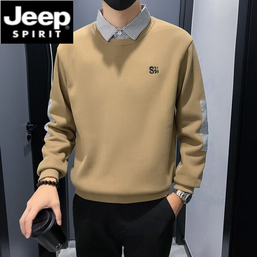 JEEP SPIRIT假两件卫衣男秋冬款针织衫痞帅拼接翻领男装2025新款长袖加绒上衣 1391白色 款 常规 XL 建议150斤内