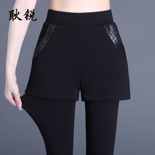 Gengrui (gengrui) fake two-piece leggings for women, thickened with velvet, high-waisted, autumn and winter new slim-fitting outer tights, elastic casual pants, black, stretch 51, thickened with velvet, plus velvet L _Recommended 95-110Jin Jin is equal to 0.5 kg