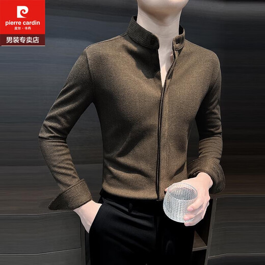 皮尔卡丹（pierre cardin）立领毛呢子长袖衬衫男士秋冬季韩版修身保暖条纹新中式衬衣服男装 深灰 XL 建议【130-150】