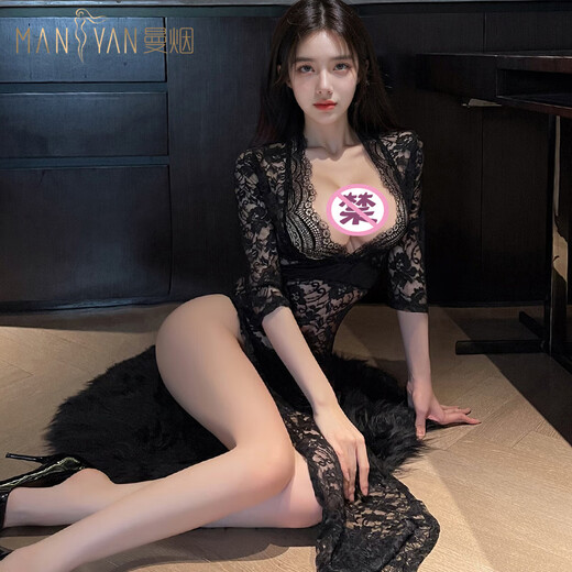 Manyan sexy Unterwäsche sexy Deep V Perspektive Retro -Spitze hoher Taille Schlitz Long Rock Nachthemd Anzug 9766 zufällig gesendet