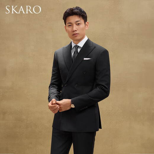 SKARO celebrity style double-breasted suit men's business high-end wedding formal black suit black SKG1001A size 46 top and trousers size please note