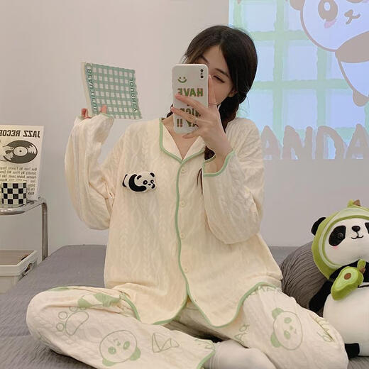 
Youshifei 2025 new panda cotton pajamas for women in spring and autumn long sleeves long trousers cardigan sweet and cute home clothing set 9207# blue pattern Doraemon version L 100-120Jin [Jin equals 0.5 kg]