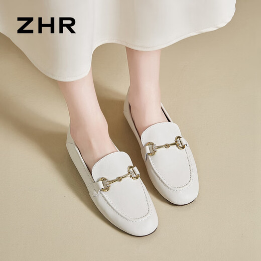 ZHR乐福鞋女春秋通勤风平底小皮鞋女软面一脚蹬单鞋女 AH653 米色 37