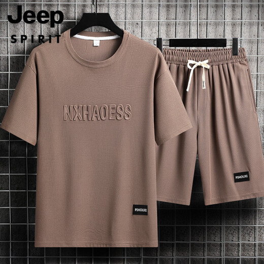 JEEP SPIRIT休闲运动套装男夏季潮流冰丝t恤薄款短裤大码短袖帅气搭配两件套 套装-TZ829卡其【上衣+裤子】 XL 建议130-145斤