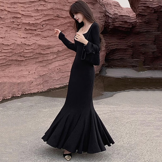Junyao black fishtail skirt dress women's skirt autumn new high-end hip-hugging skirt French evening dress tight pure lust Bu Bu Shenglian long-sleeved slim fishtail skirt S Recommended 110Jin Jin is equal to within 0.5 kg