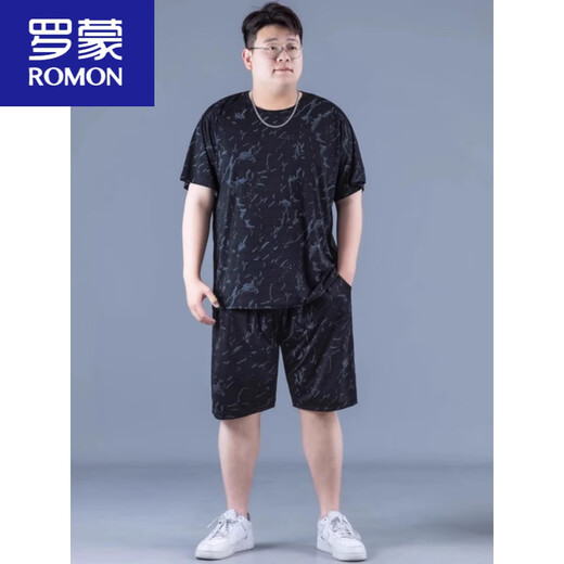 罗蒙（ROMON）冰丝运动套装男夏季大码薄款男士速干五分裤胖子加肥加大宽松短袖 PZ826黑色 高质量冰丝套装 XL 建议130-140斤