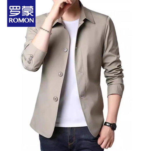
ROMON (ROMON) Spring and Autumn Men's Business Casual Jacket Middle-aged and Young People Solid Color Lapel Regular Korean Style Slim Trench Coat Jacket Light Gray NJ-1048 2XL [Suggested 145-155Jin [Jin equals 0.5 kg]]