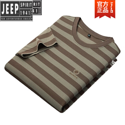 吉普（JEEP）2025新款条纹半截袖圆领t恤男中年轻爸爸上衣夏季衣服美式复古潮i 6195-军绿 M 48
