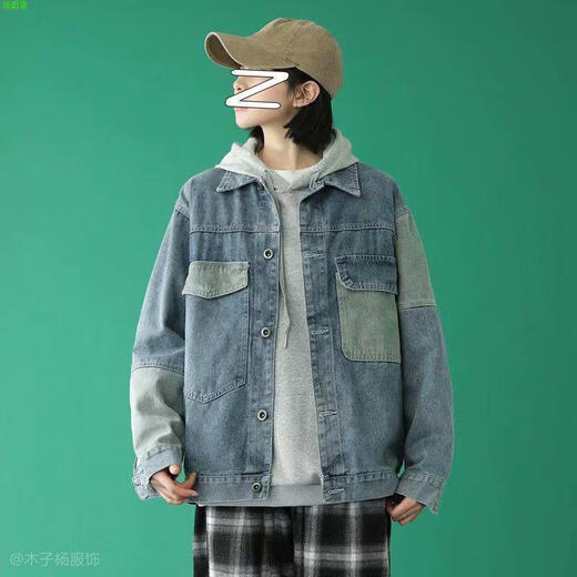 LAXSESU2025外套春秋男新款浅色拼接工装休闲宽松大码牛仔夹克男上衣潮 WTM02浅蓝(新品) M [建议90-115斤]