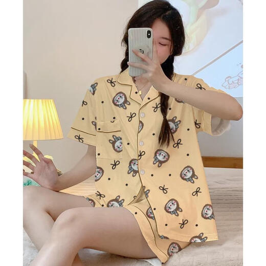 JIACAO 2025 NEUER LABUBU-Cartoon süßer Pyjamas für Frauen im Frühling und Sommer kurzärmelige Hose dreiteiliger Set für Heimkleidung außerhalb von 14132# Doppel-Länge-Spitzen-Tuch-Tuchs-Set XL 110-130jin [Jin gleich 0,5 kg]