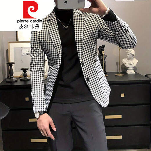 皮尔卡丹（pierre cardin）秋冬毛呢西装男外套短款韩版修身休闲西服领毛呢大衣男 X829双排扣西装 黑色 S 建议80-95斤