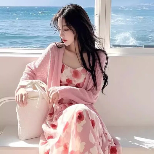妃莉杋（FeiLiFan）法式碎花连衣裙女装2025新款春季穿搭一整套粉色开衫气质吊带裙子 粉色开衫+吊带裙 L 【建议100-115斤】