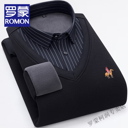 Romon Winter New Velvet verdickter Pullover-Pullover für die langärmlige Herren-Hemdkragen mit mittlerem Alter gefälschter zweiteiler Jugendpullover 01 Dark Blue XL