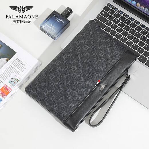 法莱阿玛尼（FALAMAONE）男士手拿包男时尚休闲商务大容量手包信封包潮牌手抓包 黑色