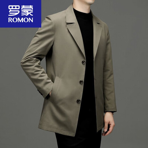 ROMON's new business windbreaker casual men's 2025 spring mid-length loose large size suit top men's jacket men's khaki 2XL (recommended 150-170Jin Jin equals 0.5 kg)