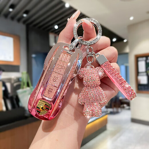 泡普保时捷钥匙套卡宴帕拉梅拉macan玛卡911车帕美922扣壳718女Taycan A款渐变水晶粉米奇圆环扣
