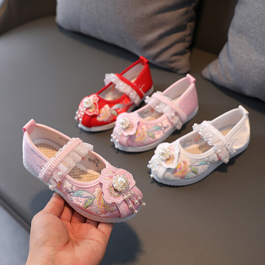 Si Yangs neuer Stil der gestickten Schuhe von Mädchen für die alten Kostümschuhe von Kindern für ethnische Stilbabys handgefertigte Stoffschuhe für Hanfu -Schuhe Performance Schuhe L05 Weiß 30 / Innere Länge 18,5 cm
