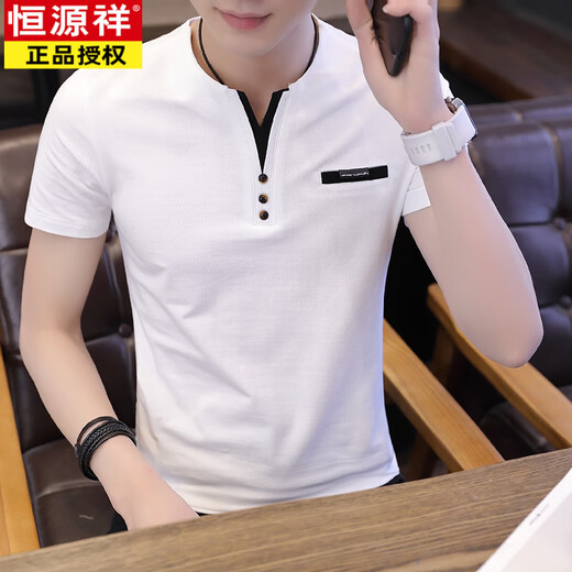 Hengyuanxiang (HYX) fake two-piece short-sleeved T-shirt men's 2025 summer new ice silk cool t-shirt youth trendy round neck top FF-6625 gray L