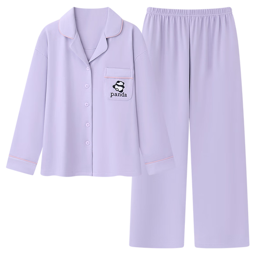 
Couple pure cotton pajamas for women with autumn and winter with chest pads, panda long sleeves, new New Year's goods, large size, can be worn outside home clothes 16803 women's lavender purple [Fall and winter thickened] XL 120-140Jin [Jin equals 0.5 kg]
