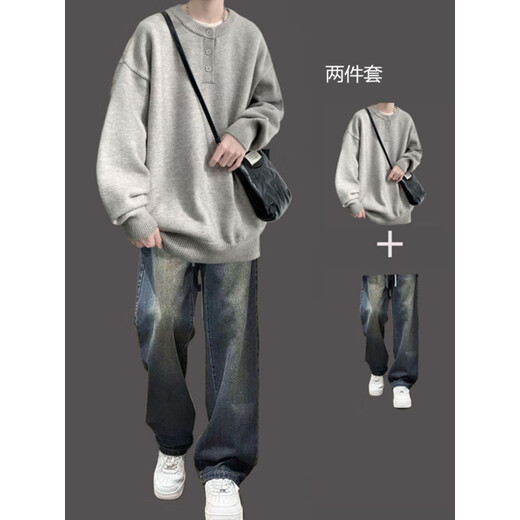 
VZVG design sense sweater trendy spring and winter two-piece set for men's outfit a set of handsome student teenagers casual suit a[2-piece] 5009 sweater light gray + 7013 cow 3XL