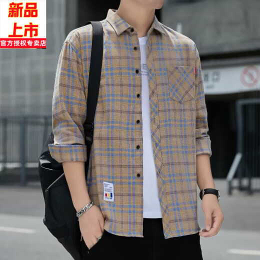 稻草人格子休闲衬衫男士春秋季长袖衬衣韩式上衣服复古宽松夏季薄款外套 K12111黄蓝色 均码 M90-110斤