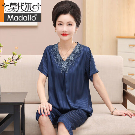 莫代尔冰丝睡衣女夏季妈妈短袖五分裤套装中老年大码家居服仿真丝 826 3XL 建议155-175斤