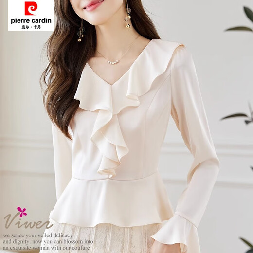 Pierre Cardin ruffled chiffon shirt women's long-sleeved spring and autumn new v-neck waist top short shirt belly-covering shirt red M