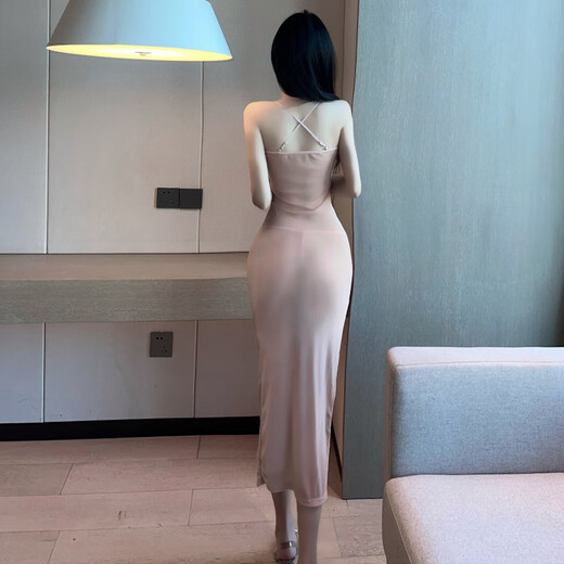 蝶霓斯夜店连衣裙性感透明半透明新款约会女装低胸v领网纱透视吊带开叉 杏色 均码 适合80-120斤