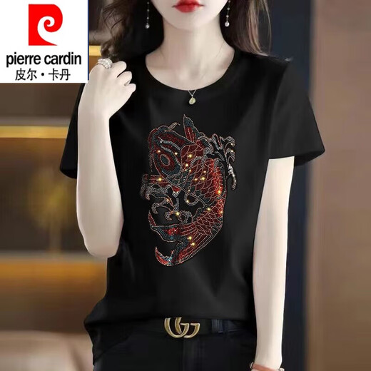 皮尔卡丹（pierre cardin）纯棉短袖t恤女大1码夏装新款时尚烫钻圆领半袖上衣黑色镶钻打底衫 圆领-连环爱心钻-黑色短袖 3524 M 适合80-90斤