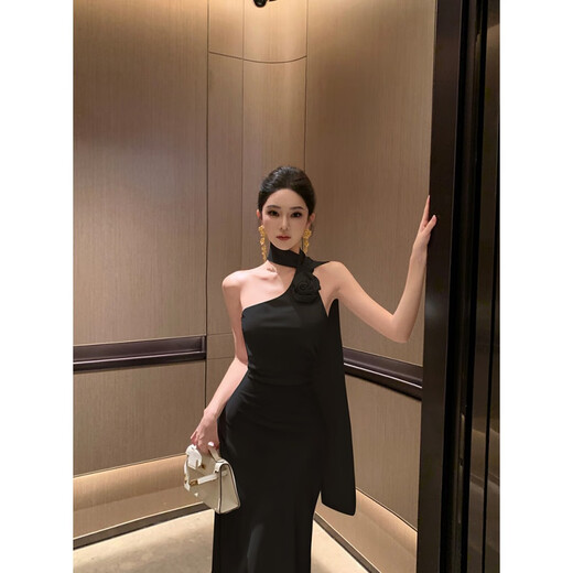 YIOU气质名媛法式缎面飘带晚礼服长裙女高端轻奢包臀挂脖连衣裙6936 香槟色 M