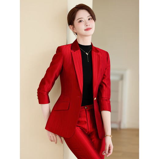 Purple striped blazer women's long-sleeved high-end host professional suit temperament suit formal manager work clothes gold suit + pants L (recommended 100-110 Jin Jin equals 0.5 kg)