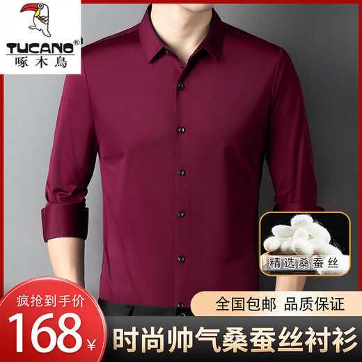 Camisa de manga larga de seda larga de seda de pájaro carpintero en la primavera y otoño.