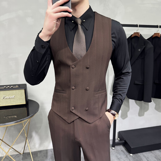 Jason men's double-breasted striped suit suit groom wedding dress business casual work interview suit three-piece suit dark brown (suit + pants) M (95-110Jin Jin equals 0.5 kg)