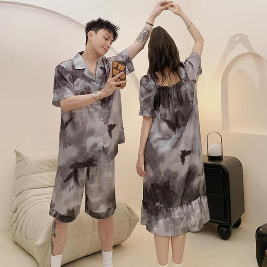 浪莎情侣夏季冰丝睡衣短袖大码感家居服 KAD13077 M 女+男L