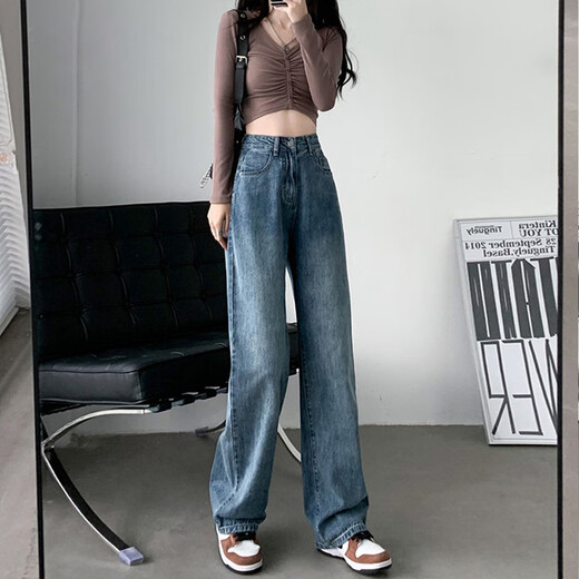 Sekong 2025 Automne et hiver Nouveau style épaissis épaissis hauts hauts drapés jeans à jambes larges pour les femmes plus en velours chaud hnf 683 rétro bleu 2xl