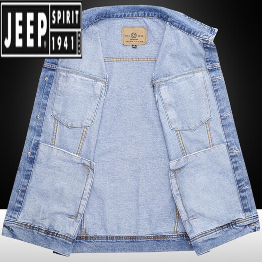 吉普（JEEP）牛仔马甲男秋季帅气多袋背心水洗翻领坎肩复古工装马夹无袖外套潮 浅蓝 XL