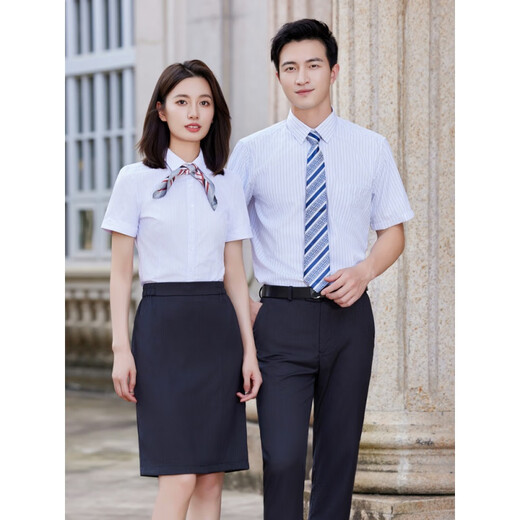 
Zimeiqiao People's Bank of China Business Clothing Shirt Workwear Men and Women Spring and Autumn New Striped Long Short Sleeve Shirt Set Customized 698 Short Sleeve Shirt Women S