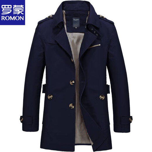 ROMON spring and autumn men's windbreaker mid-length lapel short jacket coat coat large size cloak thin slim fit workwear dark blue 5XL
