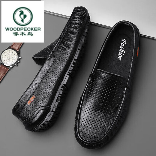 
Woodpecker men's shoes new breathable bean shoes men's genuine leather hollow casual leather shoes lazy shoes one foot kick hole shoes driving shoes black breathable (9901) 38 standard leather shoes size