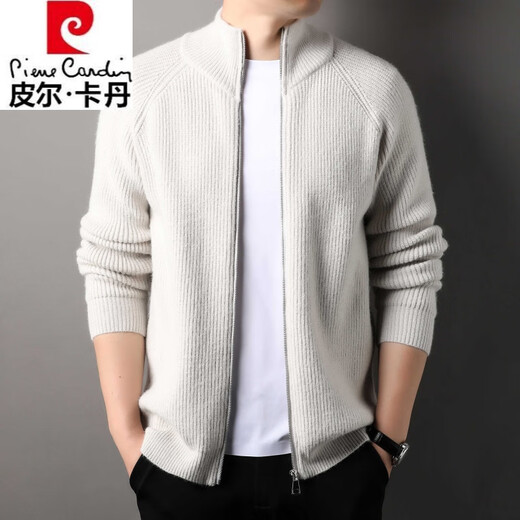 Pierre Cardin knitted cardigan men's half turtleneck zipper wool sweater top spring and autumn pit stripe warm sweater jacket gray XL 175/115/recommended 135-155Jin Jin equals 0.5 kg